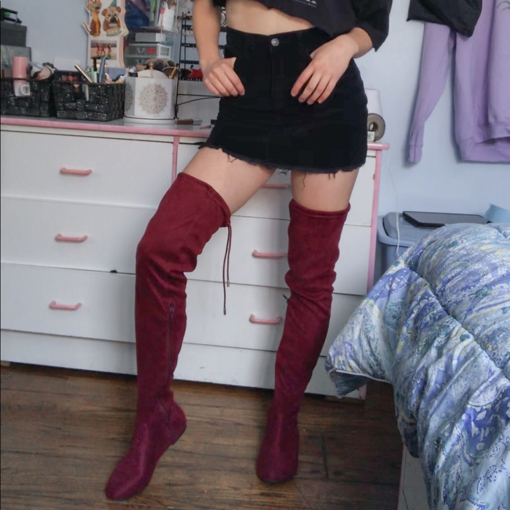 Maroon Faux Suede Thigh High Boots